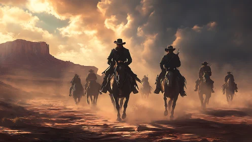 Cowboy riders crossing dusty canyon under storm light.
