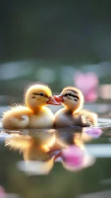 Two Yellow Ducklings Sharing Affectionate Moment in Water.