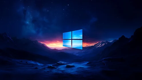 Glowing window emblem over nocturnal alpine landscape horizon