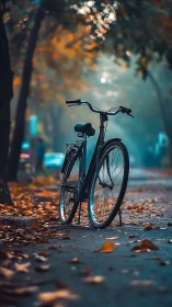 Bicycle parked on street at dusk with urban lighting and autumn foliage