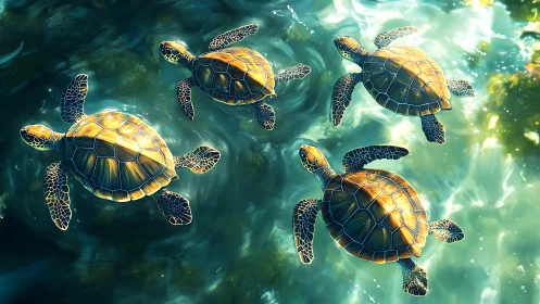 Golden sea turtles gliding together through sunlit water.