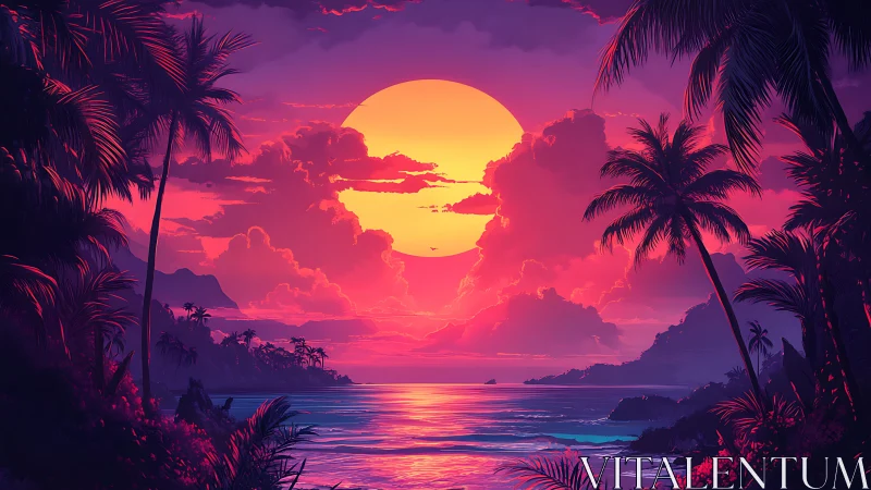 Neon tropic sunset over palm-framed violet shoreline.