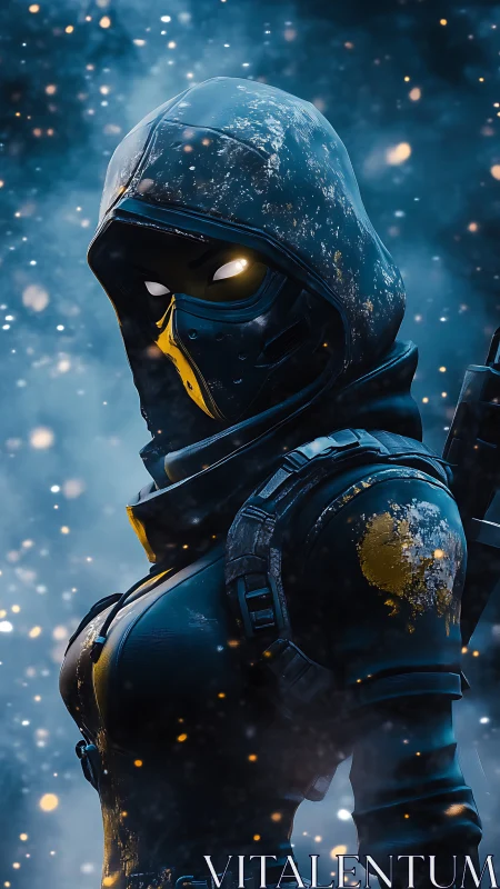 Hooded futuristic warrior in snow and glowing embers.