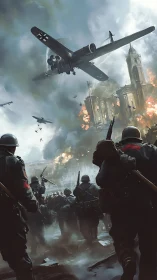 Wartime aerial assault over burning cathedral in dynamic perspective