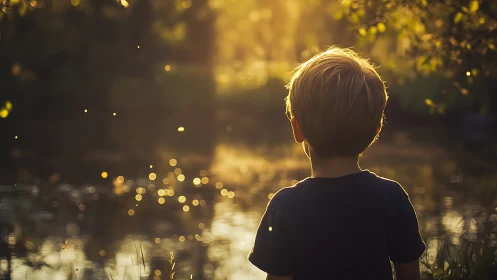 Child watches glowing river in soft golden sunset light.