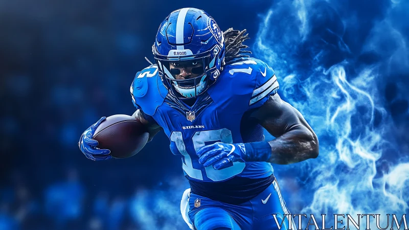 Electric blue football runner charges through smoky energy.