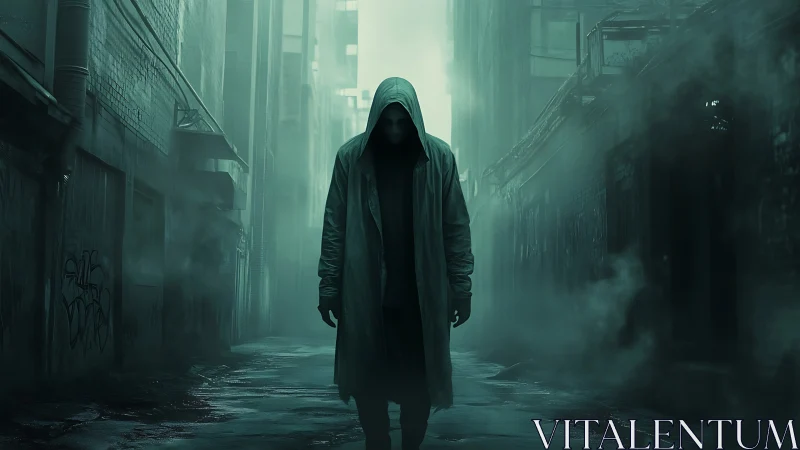 Mysterious hooded figure strolls through a foggy neon alley