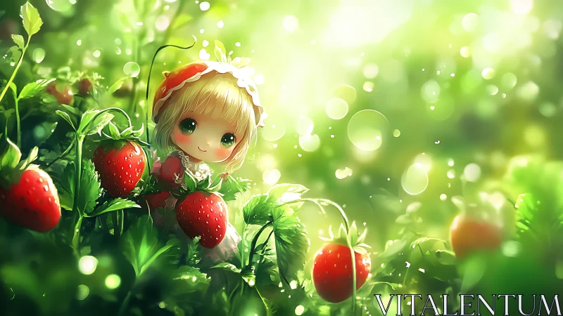 Tiny anime girl smiles among glowing strawberry plants