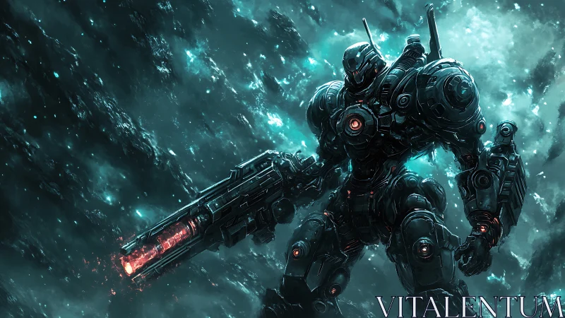 Nebula-clad war mech strides through teal cosmic shrapnel.