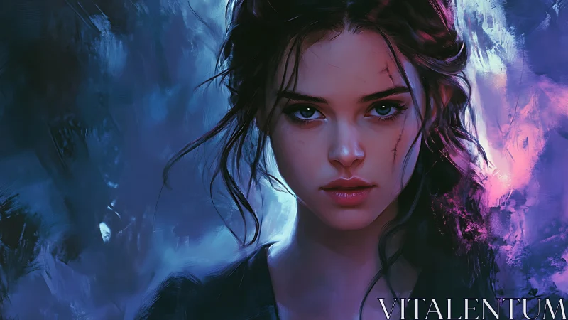 Scarred heroine portrait in neon blue and violet brushlight.