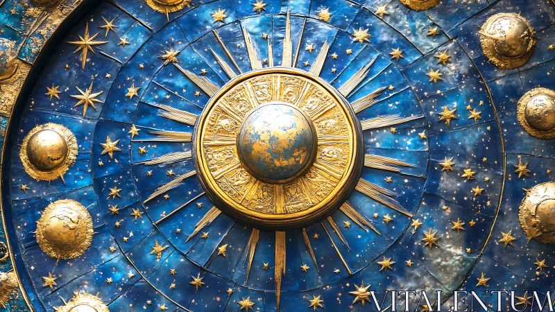 Celestial blue and gold zodiac dial radiates ornate starlight.