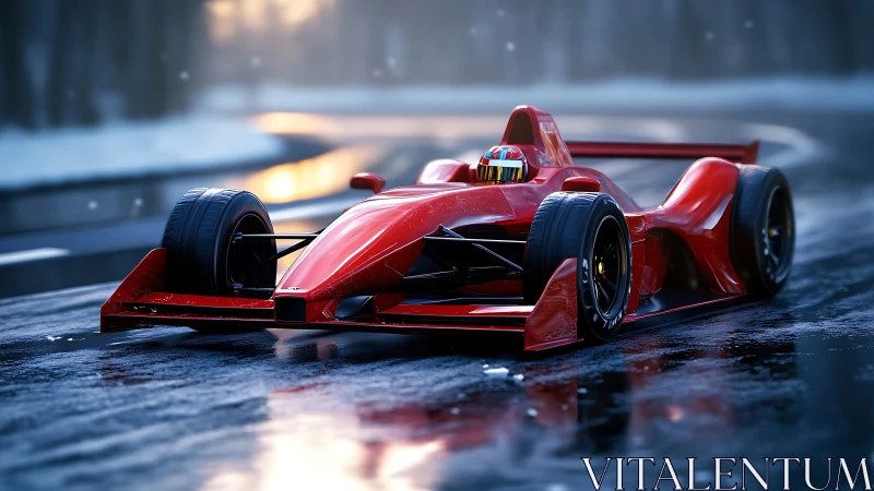 Red open-wheel race car drives on wet winter racetrack