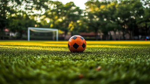 Lone orange football resting on vivid turf pitch at dusk.