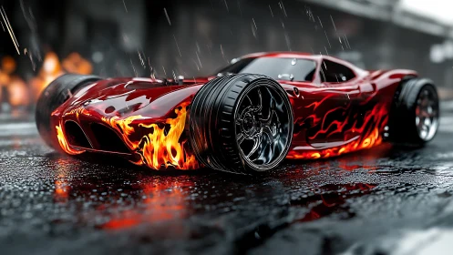 Low-angle render shows flame-liveried hypercar on wet asphalt