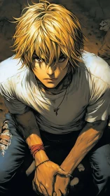 Brooding blonde anime boy sits in gritty, golden light