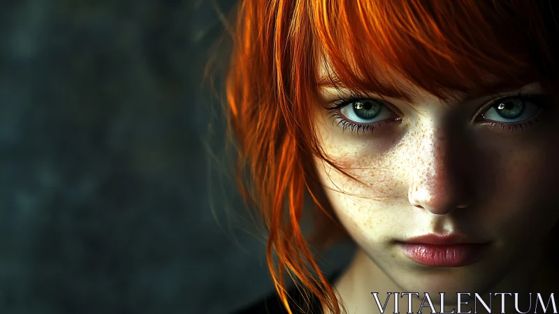 Close portrait of freckled red-haired person with teal eyes.