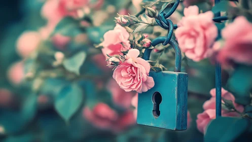 Blue Lock with Pink Roses in Garden Setting.