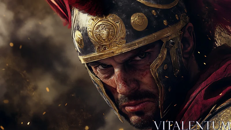 Battle-hardened Roman centurion glares through storming embers.