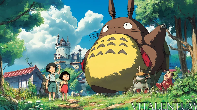 Sunny roadside meet‑cute with colossal forest guardian.