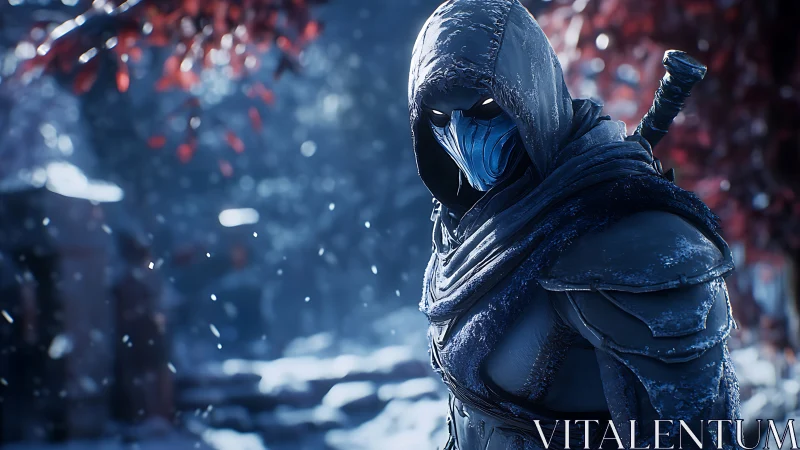 Hooded ice assassin stands in snowy forest ruin at dusk