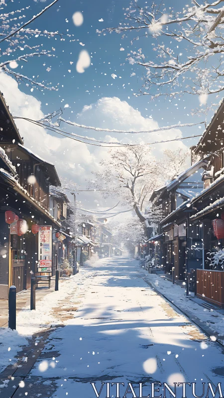 Snow-covered Japanese street rendered with high-depth perspective