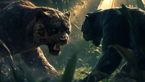 Jungle Titans Collide: Roaring Predators Face Off in Golden Shadows