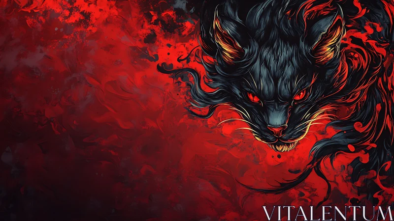 Black feline head over red abstract swirling background.