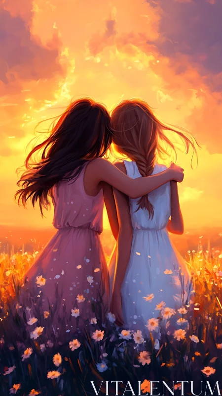 Two Girls Embracing in Golden Flower Field at Sunset