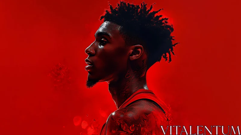 Profile portrait of tattooed athlete in intense red haze.