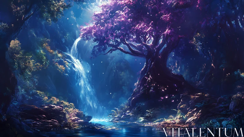 Enchanted waterfall grove beneath luminous violet tree.
