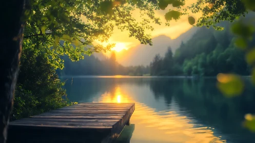 Sunlit lakeside pier with shallow depth and warm backlighting