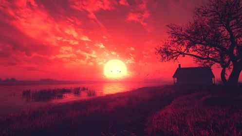 Crimson lakeside sunset ignites a lonely cottage horizon.