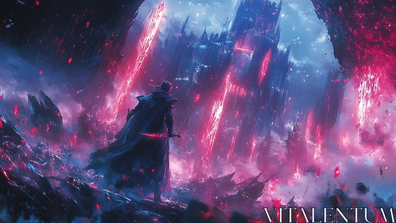 Spectral swordsman confronting eruptive crystalline citadel.