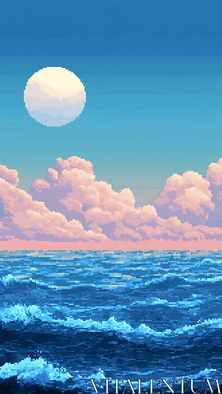 Soft moonrise over pixel waves and cotton candy clouds.