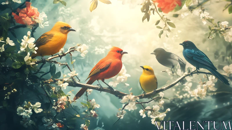 Colorful Songbirds on a Blossom Branch, Dreamy Nature Art.