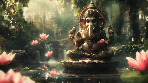 Golden Ganesha sits peacefully amid soft lotus blossoms