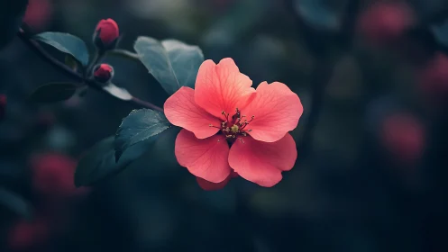 Coral pink flower specimen with unopened buds and teal foliage.