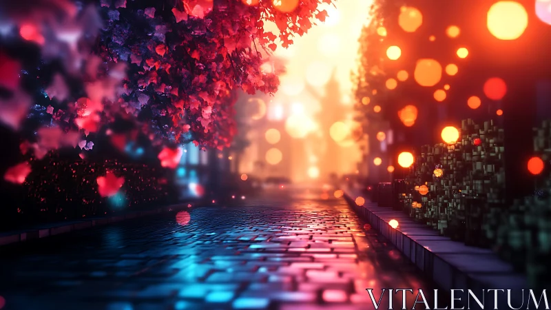Cobbled street shows colored bokeh lights and glowing foliage