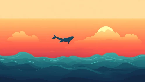 Skybound whale over teal waves at tangerine sundown.