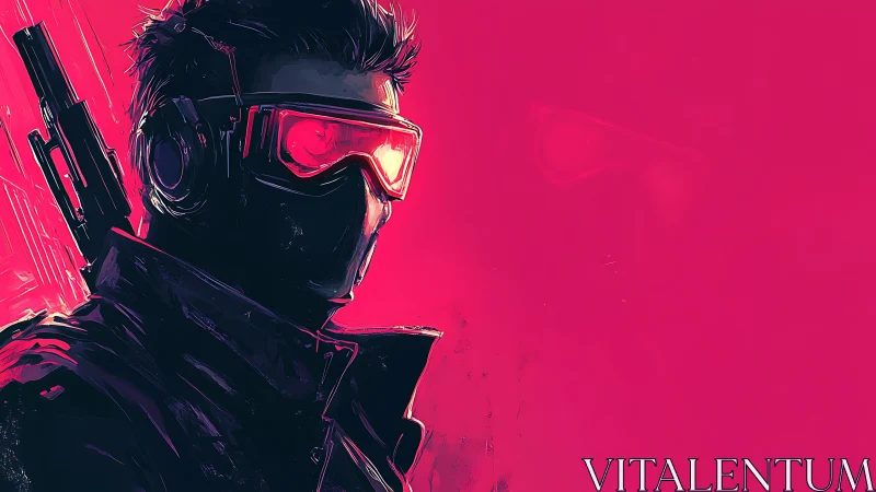 Cyberpunk sniper stands in neon haze, ready for action