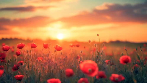 Glowing sunset bathes a tranquil poppy field in warm light
