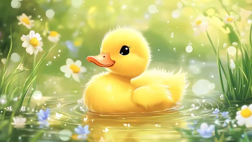 Yellow duckling floats in shallow pond amid spring flowers