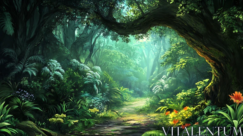 Sunlit forest path through dense vegetation and arched trees