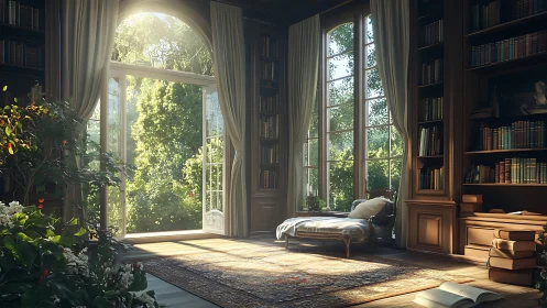 Sunlit classic library with open garden doors and chaise longue