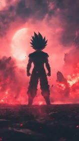 Backlit spiky warrior in volcanic lunar haze field composition.