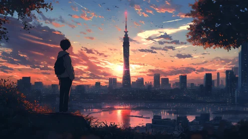 Solitary figure observing city tower at vivid sunset.