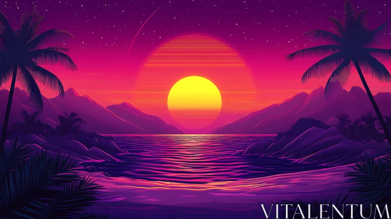 Neon sunset illuminates stylized tropical coastline and sea