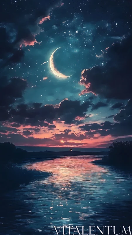 Crescent moon over river at vivid twilight sky horizon.