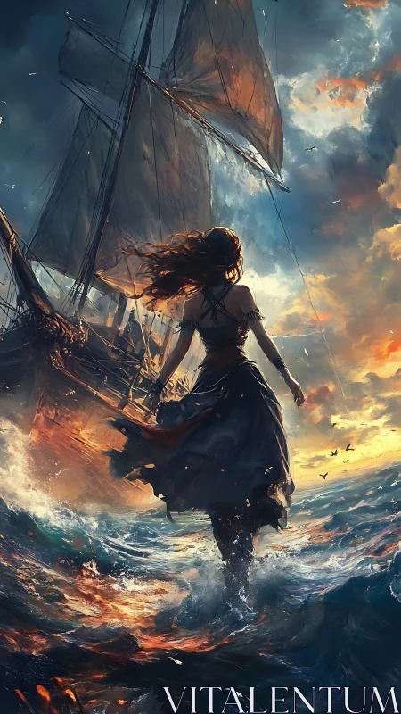 Stormlit heroine strides through waves toward a burning ship