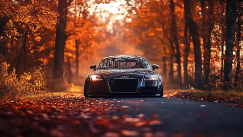 Autumn fire road crowns sleek black coupe with glowing speed.